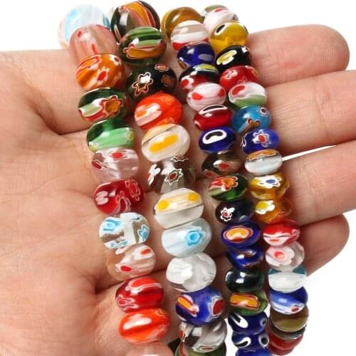 Flower Patterns Millefiori Glass Rondelle Beads Lampwork Spacer Beads For Jewelry Making Craft Bracelet DIY Findings 15''Inches