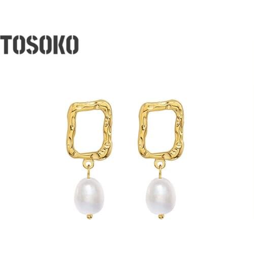 TOSOKO Stainless Steel Jewelry Palace Style Irregular Geometry Freshwater Pearl Earrings Womens Elegant New Year Earrings F362