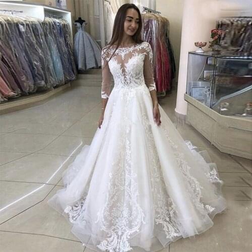 Robe de Mariee Sheer O-neck 3/4 Sleeves Applique Tulle Ball Gowns Wedding Dresses sweep Train White Ivory wedding Bridal Dress