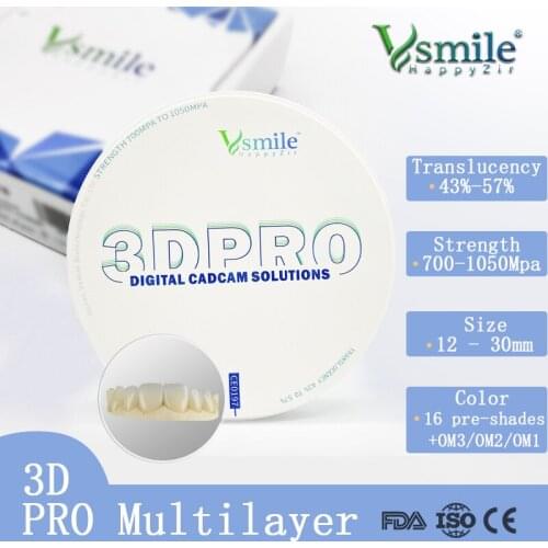 Vsmile 98mm 3D-PLUS Pro Multilayer Zirconia Blocks A1-D4 Color and Bleach, UP to 57% Multilayered Translucent Zirconia Block
