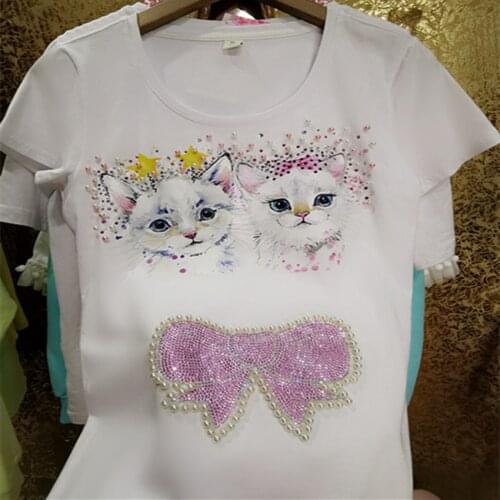 Plus size 9XL!Summer rhinestone heavy industry shiny cartoon t-shirt women cat bow parent-child cotton top tees