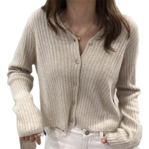 Women cashmere knit short cardigans sweaters Vneck single breasted vertical grains loose fit spring autumn winter S-XL