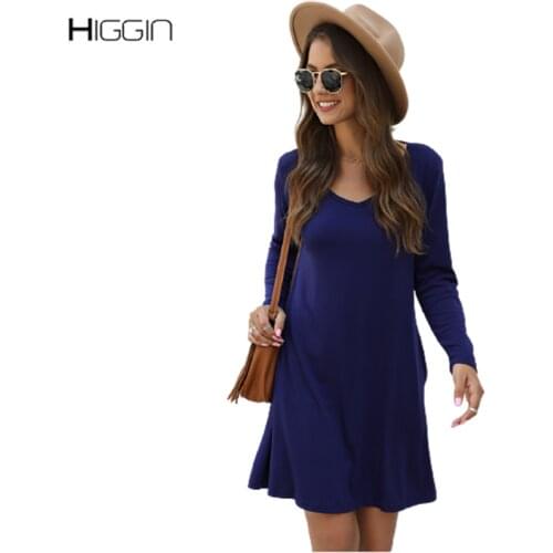 Autumn Female A-Line Dress Solid Color V-Neck Long Sleeve Pockets Cotton Dress Casual Loose Wild Basic Mid Dress For Women 2021