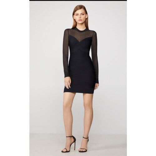 Winter Black Long Sleeve Round Neck Mesh Mini Skinny Womens Dress Bandage Evening Party Dress