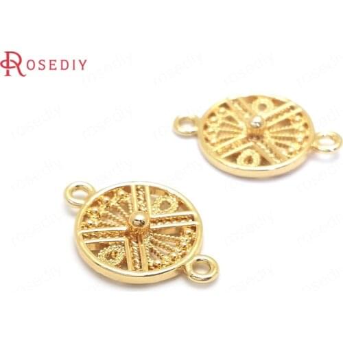 35996)10PCS 17.5x12MM 24K Gold Color Brass 2 Holes Round Charms Pendants High Quality Diy Jewelry Findings Accessories