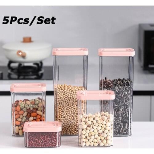 5Pcs PET Transparent Sealed Grain Tank Kitchen Food Storage Container Airtight Cereals Cans with Lid