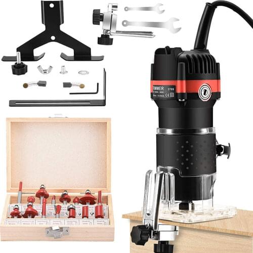 800W Wood Router 15PCS Milling Cutter Sets Electric Trimmer 30000 RPM for Wood Slotting,Arc Trimming,Process Carving