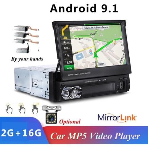 1din Android 9.1 Car Radio 7" HD Retractable Screen Bluetooth Autoradio 1 Din Telescopic Stereo MP5 Player With Mirror Link GPS
