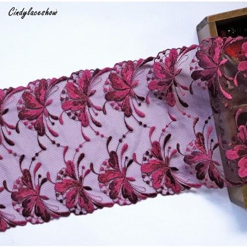 1 Meter 17cm Width Flower Embroidered Lace Trims Wine Red Mesh Costume Decorative Lace Applique Trimmings Lace Fabric Craft