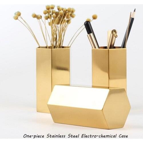 Gold Stainless Steel Hexagon Pen Holder for Desk Organizer Stand Multi Function Pencil Pot Office Decor Supplies Europe Pot Cup