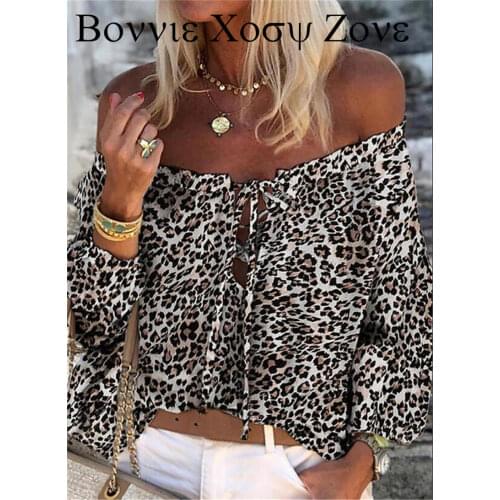 Women All Over Print Leopard Cheeth print Cold Shoulder Cami Long Sleeve Blouse Chic Shirt Blouse