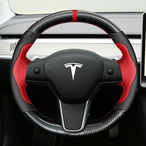 Interior DIY 5D Black Carbon Fiber&Green Leather Steering Wheel Hand Sewing Wrap Cover Fit For Tesla model 3 2017-2021