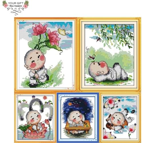 Joy Sunday K287(1)(2)(3)(4)(5) Counted and Stamped Lovely Little Monk Home Decor Embroidery DIY Cross Stitch kits