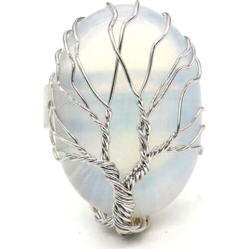 KFT Handmade Wire Wrapped Tree Of Life Opalite Opal Oval Shape Resizable Stone Finger Ring For Women Party Wedding Jewelry