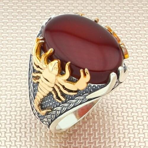 Real Pure Sterling Silver Ring 925 For Men Scorpion Red Black Agate Stone Mens Ring - Gemstone Handmade Turkish Jewelry