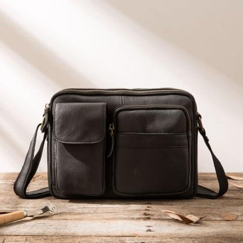Ipad Small Bag Leather Crossbody Bag Casual Korean Retro Leather Men Bag Mens Shoulder Messenger Bag Black Vintage Soft Zipper