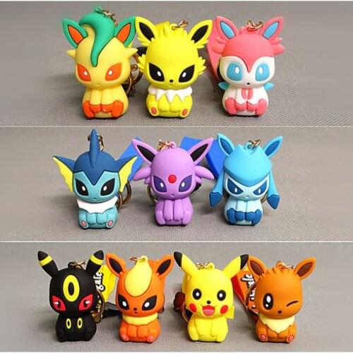 New 10Pcs Pik Syv Eev Lea Vap Gla Fla Esp Umb Jol 2-2.5" 5-6CM Rubber Keychain Pendant PVC Action Figures Toy