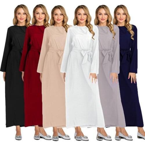 Modest Abaya Muslim Women Dubai Plain Long Sleeve Dress Arab Kaftan Robe Solid Color Islamic Clothing Belt Abayas Casual Dresses
