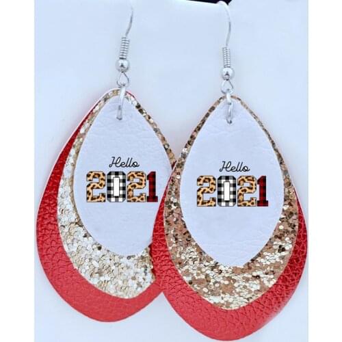 Hello 2021 New Years Leopard Buffalo Plaid Earring For Mom Gift Faux Leather Glitter Layers