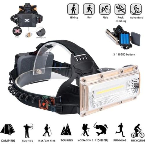USB Power COB LED Headlight Headlamp USB Rechargeable Head Lamp Torch 3-Mode 18650 Battery Waterproof Hunting Fishing Lighting
