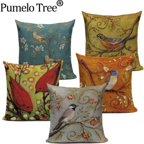 High Quality Linen Cotton Vintage Fabric Cushions Painting Bird Almofadas 45Cm Square Home Decor Pillows Printing Cushion cover