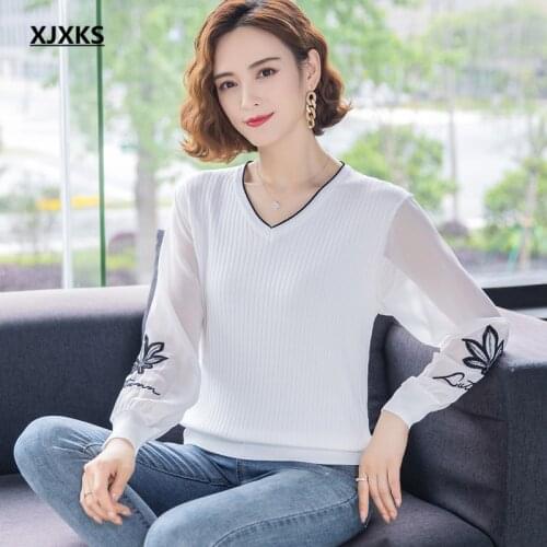 XJXKS 2021 autumn new fashion printing women thin sweater high quality knitted stitching chiffon sleeve top women pullover