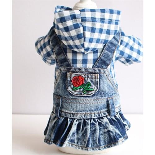 XS-2XL Dog Jean Dress Pet Clothes For Dogs Stripe Puppy Clothes Small Dog Hoodie Coat Cute Dog Plaid Embroidered Denim Skirt