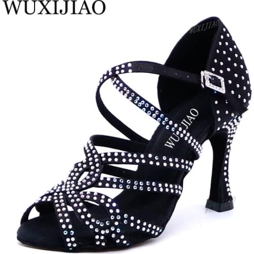WUXIJIAO New Glitter Rhinestone Latin Dance Shoes Women Satin Salsa Dancing Shoes For Woman Tango Ballroom Shoes For Dacne
