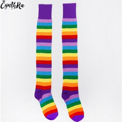 CYNTHRA Women 's Socks Lady 's Rainbow Stripe Over-the-Knee Sunscreen Cotton Fashion Breathable Calcetines Thigh High Socks