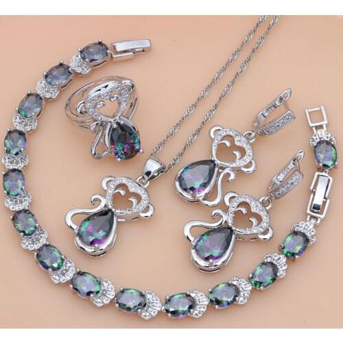 Women Earrings Mystic Rainbow Fire Topaz Jewelry Sets 925 Silver Jewelry Bridal Wedding Animal Monkey Necklace Sets
