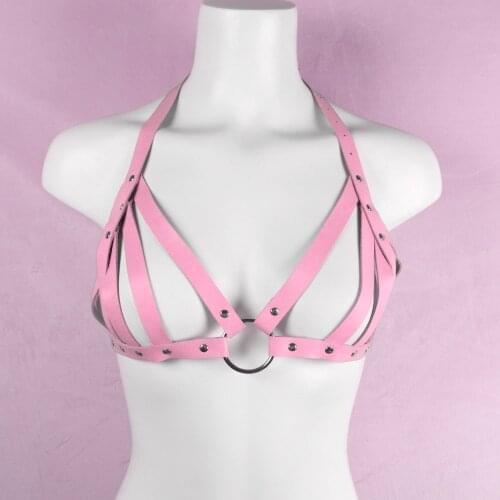 Leather Harness Top Pink Bra Cage for Women Chest Bondage Exotic Suspender Gothic Lingerie Party Sandy Beach Rave Clothes Pastel