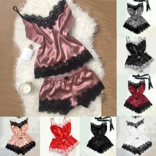 Womens Pajamas Set Home Suit Top and Shorts Sexy V-Neck Sleeveless Satin Lace Sleepwear Pijama Home Clothes for Women 2021 New