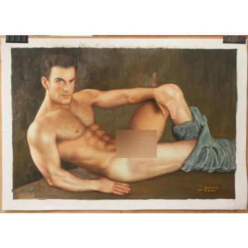 100%hand-painted Fine art nude male original oil painting on canvas sitting handsome men 24"x36"