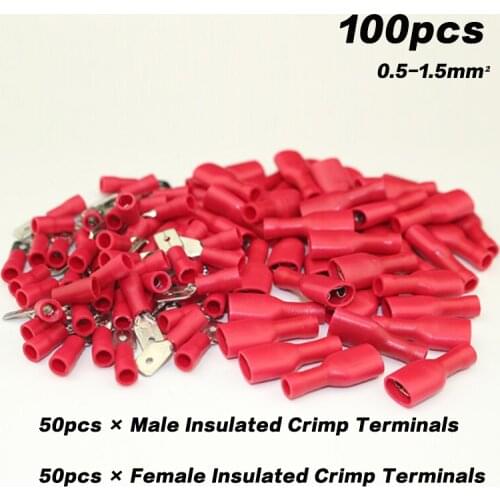 100pcs 50pairs 1.25mm² 22-16AWG Female Male Electrical Wiring Connector Insulated Crimp Terminal Spade Blue FDFD1.25 MDD1.25