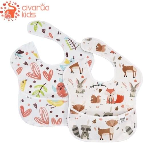 2Pcs/Lot Resuable Waterproof Baby Bibs 100% Polyester TPU Coating Feeding Bibs Washable Baby Bibs with Food Catcher for Babies