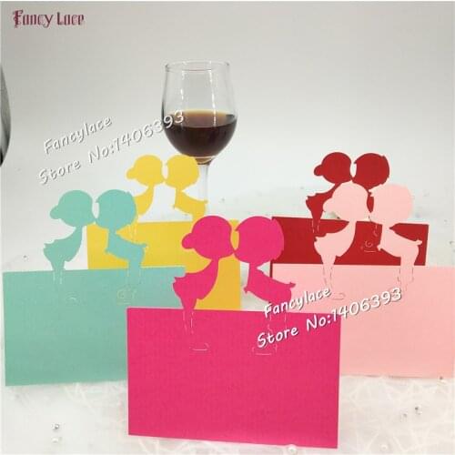 50 Pcs Wedding Laser Cut Lovely boy and girl Party Favor Seat Place Cards pearl Hollow Out Boy & Girl Wedding Table Name Cards