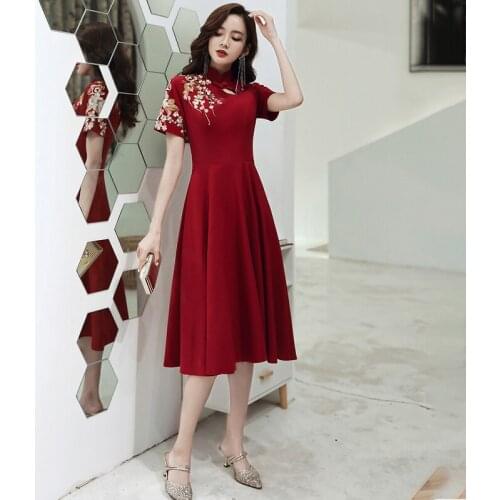 Special Occasion Dresses Vintage High Short Embroidery A-Line Luxury Burgundy Jersey Floor-Length Elegant Women Prom Gown E848