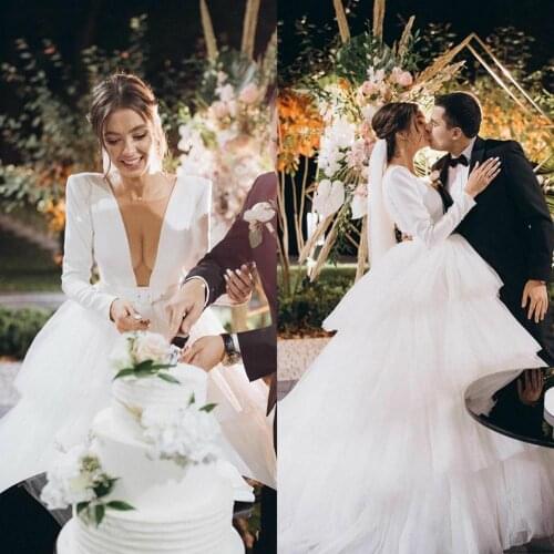 Elegant A Line Wedding Dresses 2020 Deep V Neck Long Sleeves Country Bridal Gowns with Tiered Ruffle Skirts robes de mariée