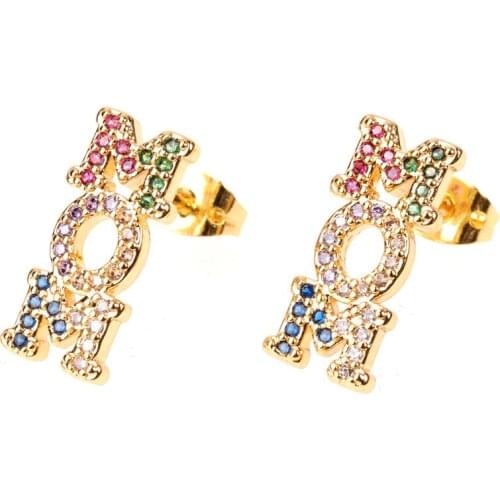 EYIKA Trendy Rainbow Color Cubic Zirconia Vertical Letter MOM Stud Earring Charm Gold Plated Women Girls Jewelry for Party/Gift