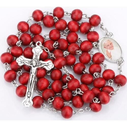 Hot 8mm Red Wooden Beads Rosary Necklace Pray Catholic Rosary Religious Beads Cross Jewelry Necklace Jesus Jewelry