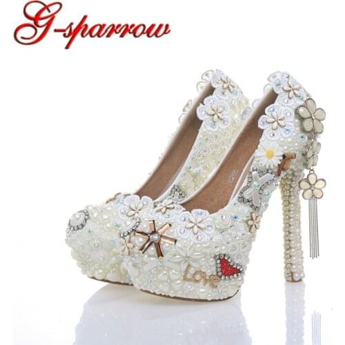 2018 Classic Wedding Dress Shoes White Pearl Bride Shoes Party High Heels 5 Inches Heel Top Grade Leather Pumps Rhinestone