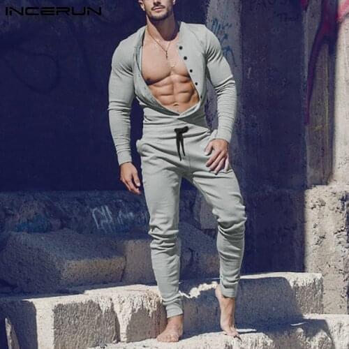 INCERUN Men Pajamas Jumpsuits V Neck Long Sleeve Homewear Solid Color Button Rompers Comfortable Leisure Mens Nightwear S-5XL