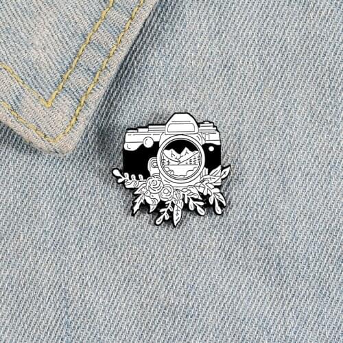 Creative Fun Black and White Camera Enamel Brooch Outdoor Adventure Tools Trees Flowers Pins Alloy Badges Woman Jewelry Gift