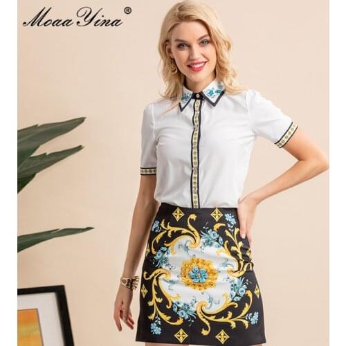 MoaaYina Fashion Designer Summer Black Skirts Suit Womens White Short sleeve Shirts and Floral print Mini Skirts 2 Pieces Suit