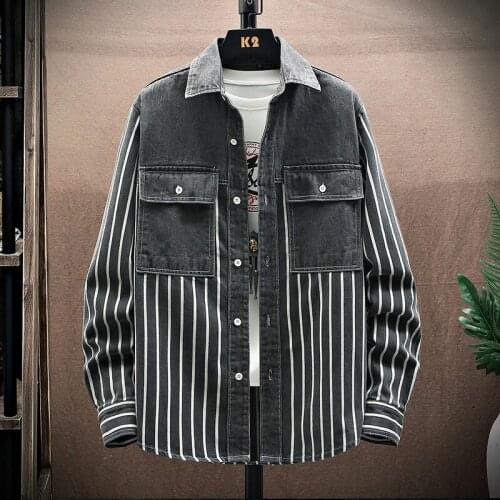 Spring/Autumn Stripe Man Denim Shirt Fashion Simple Casual Long-sleeved Mens Shirts Denim Thin Coat Male 2 Colors M-3XL CY957