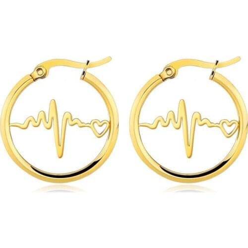 Wholesale Jewelry -- Titanium steel Electrocardiogram Circle Hoop Earrings For Women Fashion Jewelry Gold / White