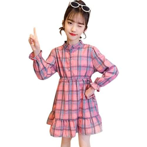 Girl Dress Plaid Pattern Girls Party Dress Kids Casual Style Kids Dress Spring Autumn Childrens Costumes For Girls 6 8 10 12 14