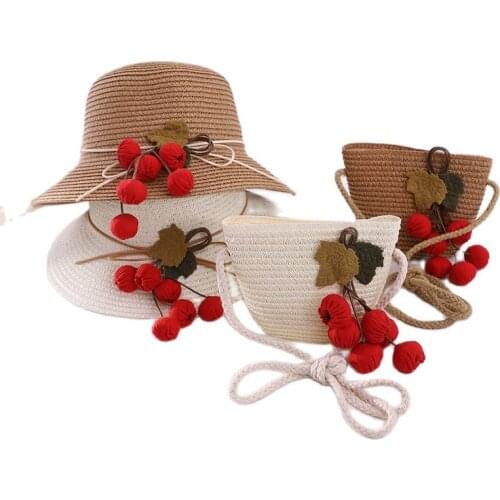 NEW Summer baby casual lantern straw hat and bags children kids girl 2pcs set fruit strawberry sun hat and Shoulder bag beach