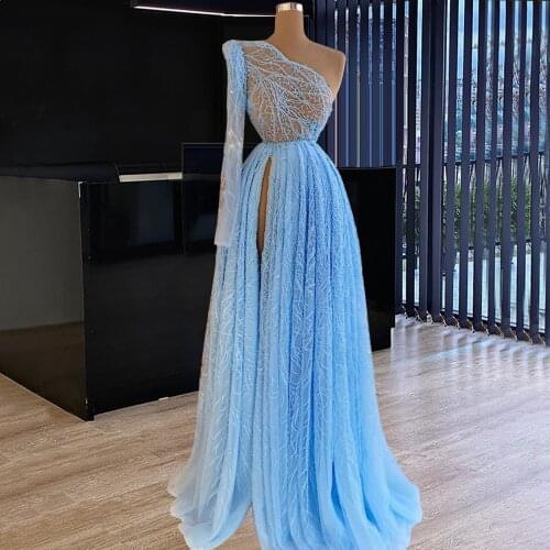 Plus Size Blue Evening Dresses Long Sleeves Arabic Beads Evening Gowns Summer Beach Prom Party Dresses Abiti da Cerimonia