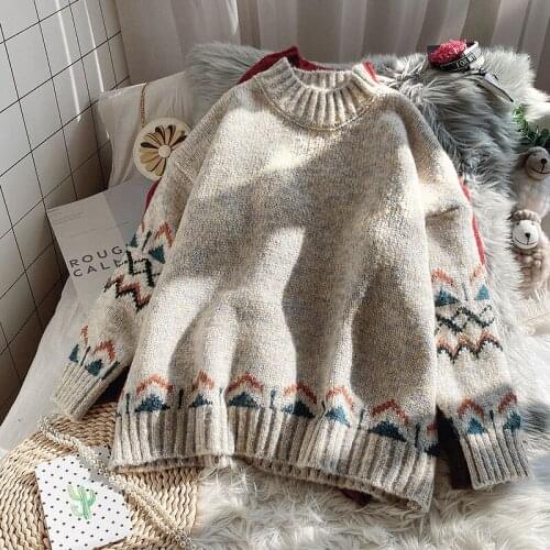 Vintage Knitted Women Sweater And Pullovers Striped Loose Thicken Warm O-Neck Casual All Match Female Pulls Outwear Coats Tops